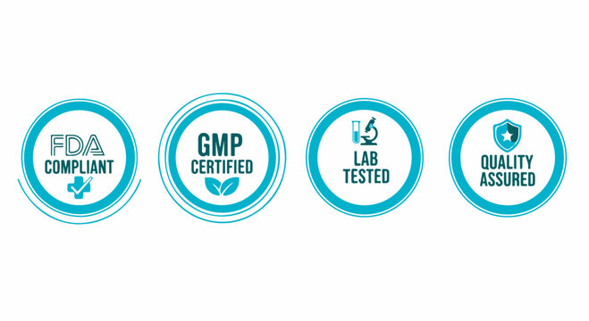 FDA Compliant GMP Certified Lab Tested Quality Assured Badge Icons Set on white background