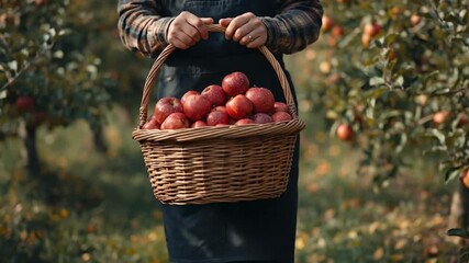 Person holding a rustic basket brimming with freshly picked red apples in a vibrant autumn orchard