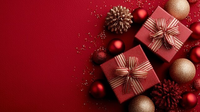 Dos cajas de regalo por Navidad y bolas decorativas de navidad sobre fondo rojo, postal para dise&ntilde;os con espacio vac&iacute;o
