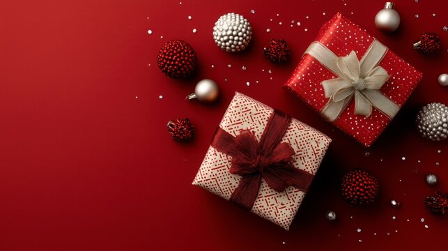 Dos cajas de regalo por Navidad y bolas decorativas de navidad sobre fondo rojo, postal para dise&ntilde;os con espacio vac&iacute;o