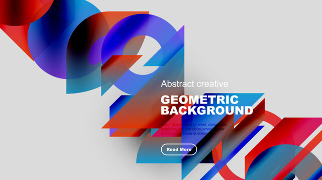 Abstract composition features vibrant geometric shapes, overlapping layers, bold colors. Text element suggests creative background design.