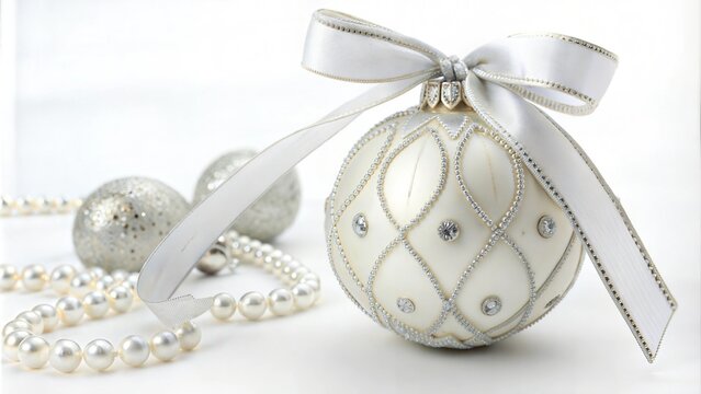 White or silver christmas ball isolated on white background. Ball with ribbon and bow. New year toy decoration. Holiday decoration element. White pearl balloon. Festive christmas tree toy.