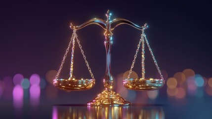 3D rendering of a balanced golden law scale against a dark purple bokeh background, symbolizing gender equality, fairness, and women in the judiciary.