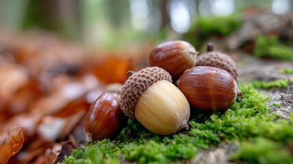 Acorns on moss in a serene autumn forest setting.