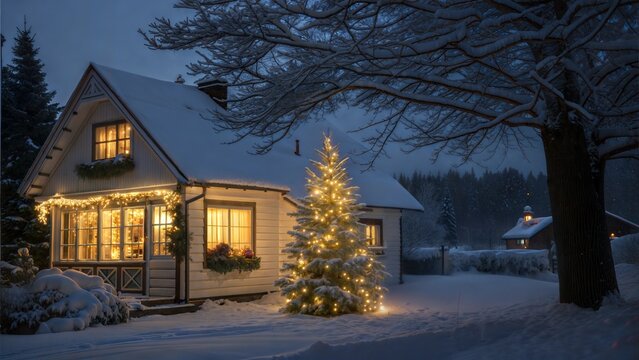 Cottage with Christmas tree at night