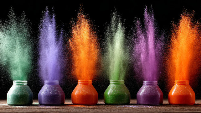 Colorful powder explosions from jars on a dark background. - Powered by Adobe