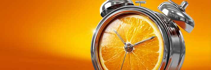A surreal close-up of a vintage alarm clock featuring a fresh orange slice as the clock face, set against a bright blurred orange background to symbolize daily fruit vitamin habits. Generative Ai.