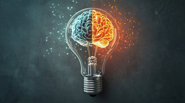 Creative brain merged inside glowing bulb high resolution picture