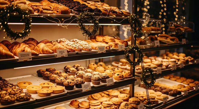 Warm and inviting bakery display filled with a wide assortment of freshly baked croissants, muffins, tarts, and cookies, adorned with festive lights.