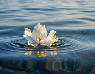 Delicate White Flower Floating on Water Surface, Calm Ripples and Floral Serenity  Peaceful Nature Scene.