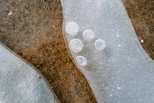 Gefrorene Luftblasen in einer Pf&uuml;tze