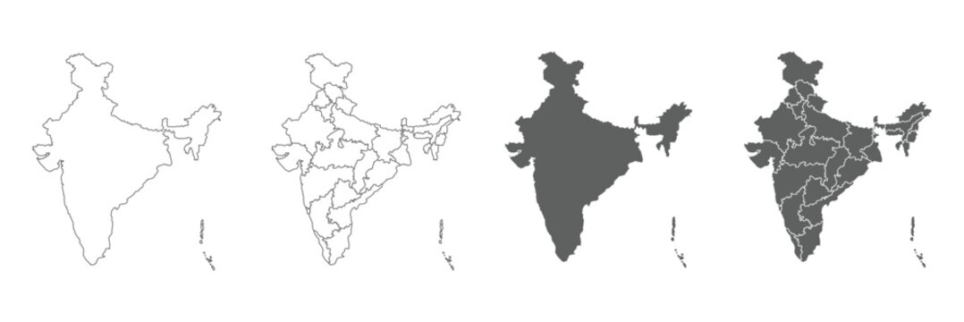 INDIA map line and black silhouette isolated on white. blank country border. Indian map with regional states vector illustration background. Black, coffee white. Perfect for wallpapers, backdrop. EPS