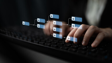 Blockchain structure showing distributed data blocks linked with encryption, representing secure transaction verification, decentralized control, and immutable record system Latch