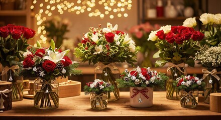 Elegant Christmas Floral Arrangements Featuring Red Roses, White Lilies, and Festive Greenery with Bokeh Lights in a Cozy Flower Shop Setting