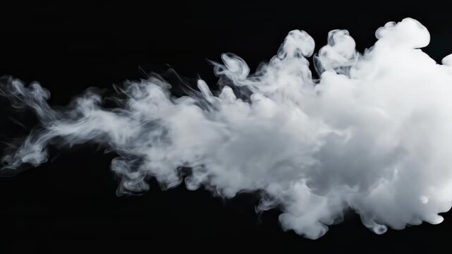 Seamlessly looping abstract motion graphic of thick volumetric white smoke rolling slowly across a black background generating a dynamic textured mist wavy, volumetric, commercial
