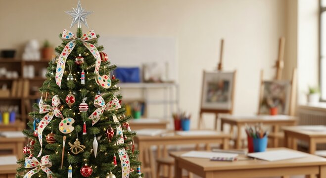 Festive Christmas tree adorned with unique art-themed ornaments like paint palettes and brushes, set in a bright, empty art classroom or studio.