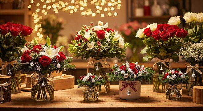 Elegant Christmas Floral Arrangements Featuring Red Roses, White Lilies, and Festive Greenery with Bokeh Lights in a Cozy Flower Shop Setting - Powered by Adobe