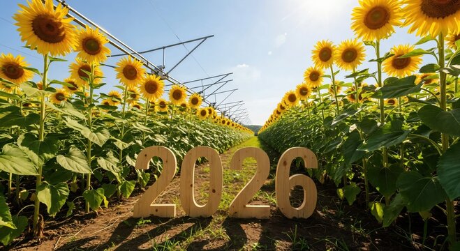 Wooden numbers 2026 standing in a vibrant sunflower field under a clear blue sky, symbolizing future growth and agricultural planning.