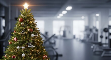 Festive Christmas tree adorned with unique fitness and sports-themed ornaments like dumbbells and sneakers, set against a blurred modern gym background, symbolizing healthy holiday celebrations.