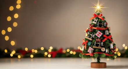Miniature Christmas Tree Decorated with Sewing Machine Ornaments and Red Ribbons, Festive Holiday Crafting Theme Against Bokeh Lights