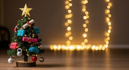 Miniature Christmas Tree Decorated with Fitness and Workout Themed Ornaments on a Wooden Floor with Warm Bokeh Lights