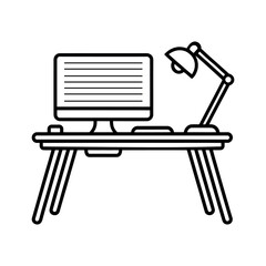 Simple Small Office Desk outline Vector Icon with Monitor and Lamp  on white background flat vector illustration.