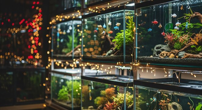 Multiple illuminated aquariums with vibrant aquatic plants and decorative fish, adorned with warm string lights creating a festive and serene atmosphere.