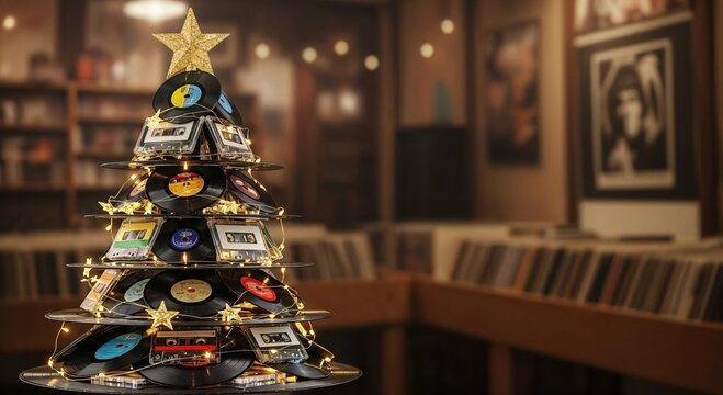 Nostalgic Christmas tree crafted from vintage vinyl records and cassette tapes, adorned with warm lights and a golden star in a retro music shop. - Powered by Adobe