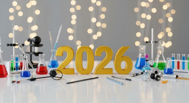 Golden 2026 year in a science laboratory with colorful chemical liquids and bokeh lights