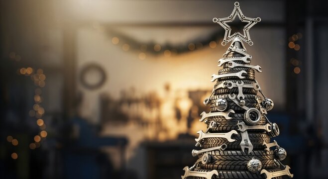 Unique automotive-themed Christmas tree crafted from stacked tires and wrenches, adorned with a star, in a festive garage. - Powered by Adobe