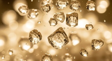 Closeup macro shot of sparkling ice cubes or sugar crystals suspended and falling against a warm, golden bokeh background
