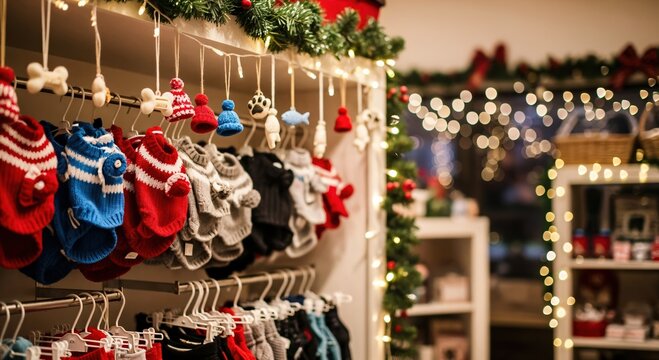 Colorful knitted dog sweaters displayed in a festive pet boutique decorated with Christmas lights and garlands, ready for holiday shopping. - Powered by Adobe