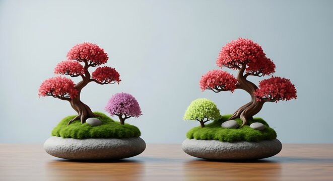 Two miniature bonsai trees with vibrant red and pink foliage sitting on mossy stone bases on a wooden surface