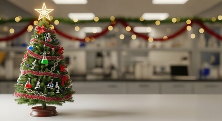 Festive Christmas Tree Decorated with Science-Themed Ornaments in a Modern Laboratory Setting