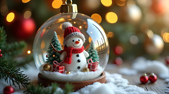 Christmas snow globe with snowman and trees holiday decoration winter scene