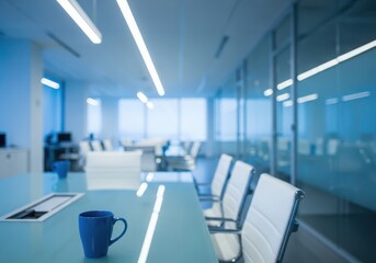 Office conference room with a blue mug on a light blue table, sleek white chairs, and glass partitions, conveying a professional and contemporary atmosphere