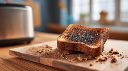 A slice of burnt toast resting on a wooden cutting board, showcasing its crispy, charred edges against a blurred kitchen background.