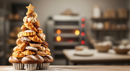 Festive Christmas Tree Made of Assorted Freshly Baked Goods in a Warm Bakery Setting