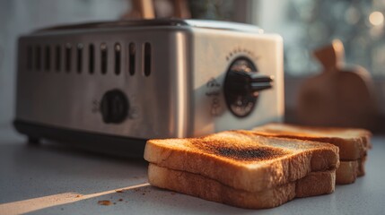 Close-up of toasted bread slices beside a stylish silver toaster, capturing a warm, cozy kitchen vibe.