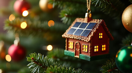 Solar house christmas ornament on tree eco friendly holiday decoration