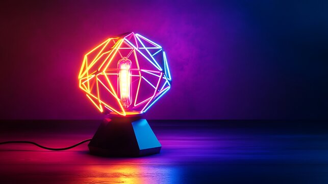 Geometric table lamp with red and blue neon on the dark background Art deco style lighting fixture with modern design Tabletop decorative lamp in vibrant colors and polygonal shape for living room - Powered by Adobe
