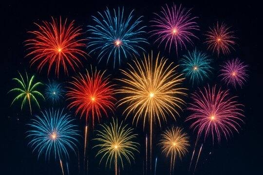 Colorful fireworks bursting in the night sky in digital artistic style with vibrant lights and spark trails on a dark background. Ai generative. Ai generative