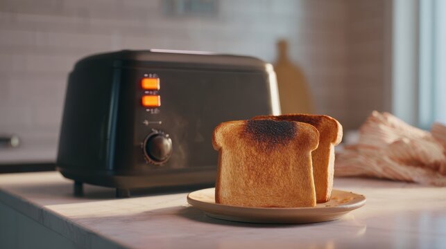 Two slices of burnt toast on a plate next to a black toaster in a cozy kitchen setting.