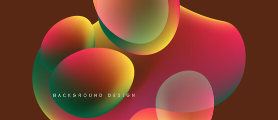 Abstract colorful shapes overlap, creating vibrant visual effect. Gradient hues blend smoothly, forming modern design element.