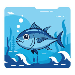 Fototapeta premium A vibrant illustration of a tuna fish swimming in a blue ocean environment with aquatic plants.