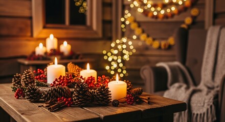 Cozy Christmas or Winter Holiday Scene with Lit Candles, Pinecones, and Red Berries on a Wooden Table in a Warmly Lit Rustic Room