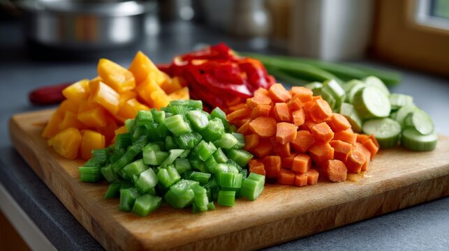 A vibrant selection of chopped vegetables including bell peppers, carrots, celery, cucumbers, and yellow squash on a wooden cutting board.