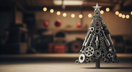 Unique Industrial Christmas Tree Crafted from Metal Automotive Parts like Gears, Springs, and Spark Plugs in a Workshop Setting with Bokeh Lights