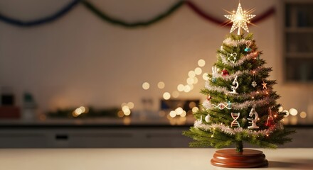 Miniature Christmas Tree Decorated with Science Symbols like DNA, Microscopes, and Atoms, Blending Holiday Cheer with STEM