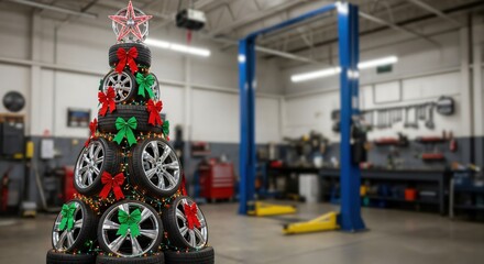 Automotive Christmas Tree Made of Tires and Rims Decorated with Festive Bows and Lights in a Car Repair Shop